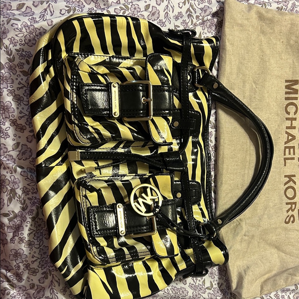 Michael Kors Black and Yellow Zebra-Print Patent Shoulder Tote